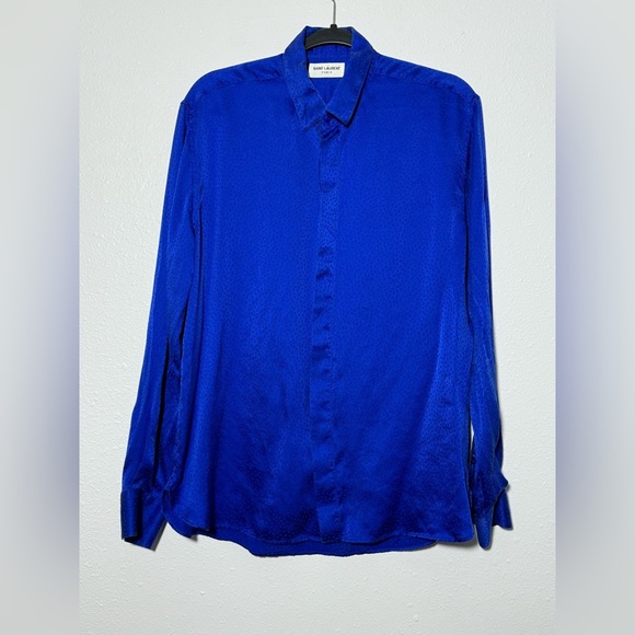 Saint Laurent Tonal Dot Silk Button Up in Royal Blue - Picture 2 of 16